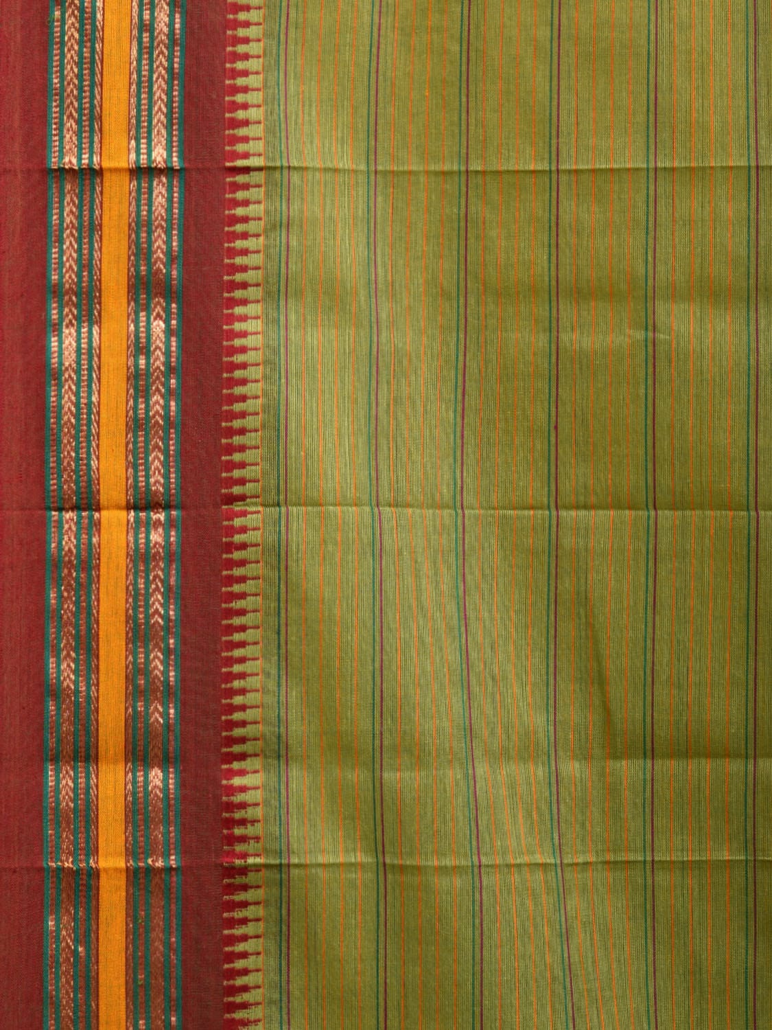 Green and Maroon Narayanpet Cotton Handloom Saree with Strips Design No Blouse np1009