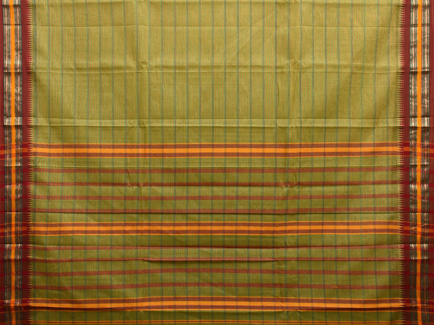 Green and Maroon Narayanpet Cotton Handloom Saree with Strips Design No Blouse np1009