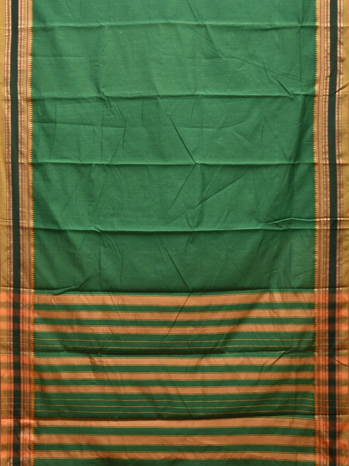 Green and Mustard Bamboo Cotton Plain Saree with Strips Pallu Design No Blouse bc0602