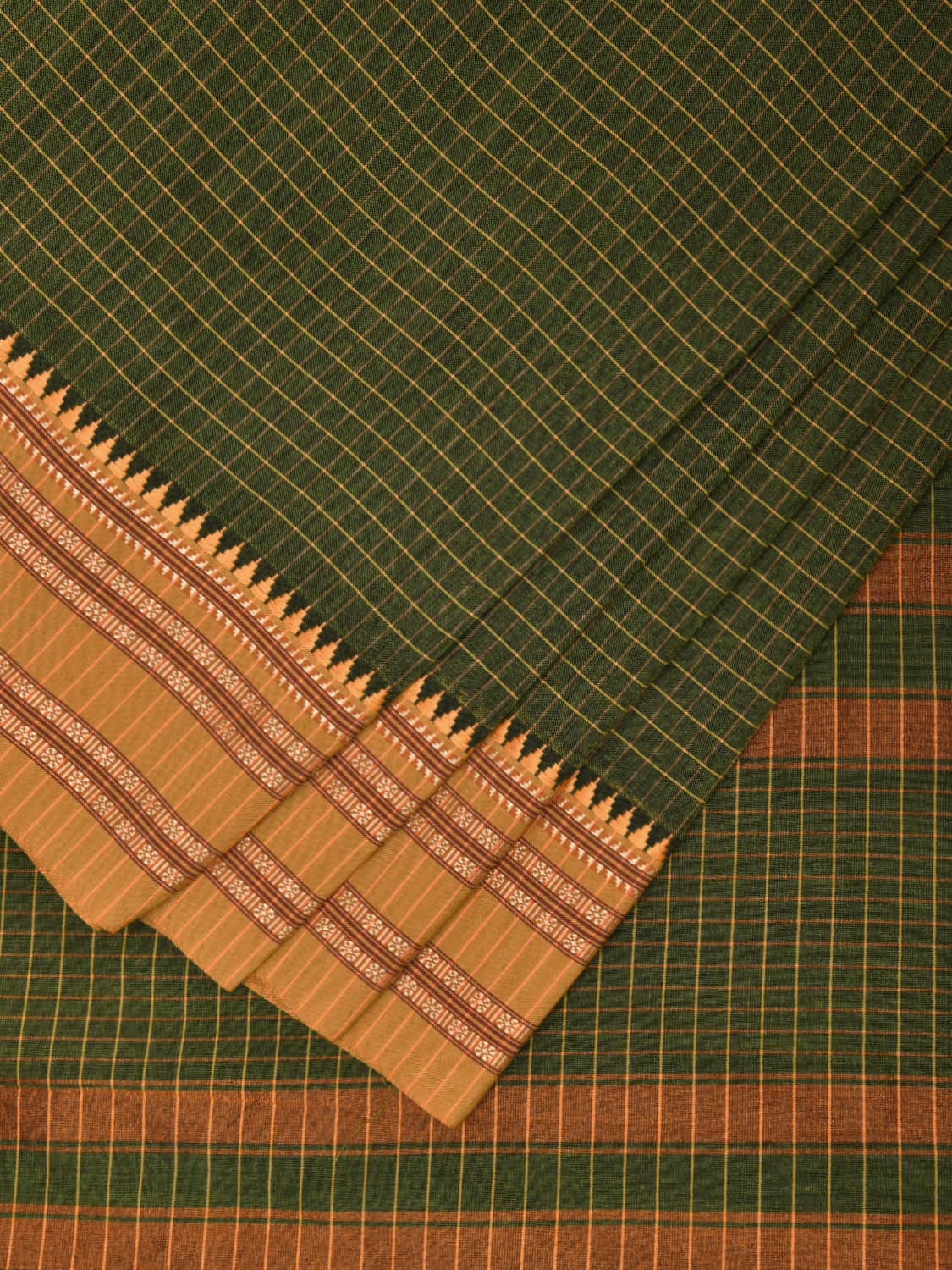 Green and Mustard Bamboo Cotton Saree with Checks Design No Blouse bc0599