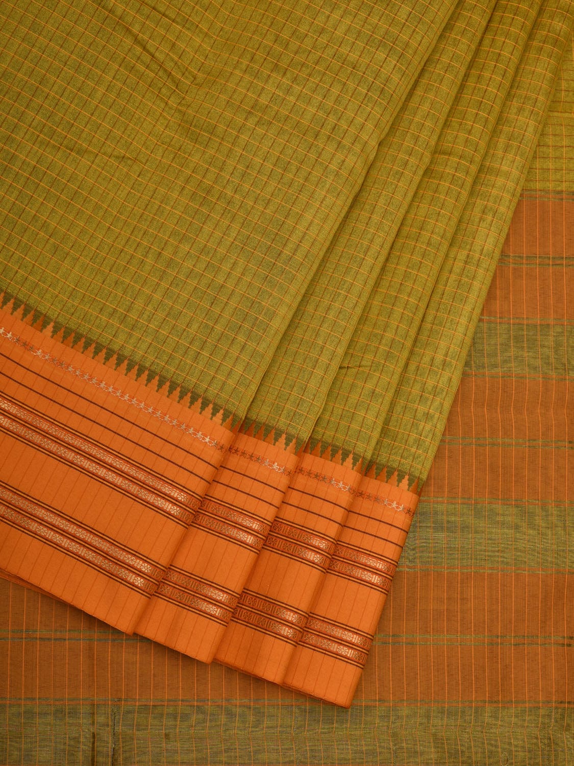 Green and Mustard Bamboo Cotton Silk Saree with Checks Design bc0054