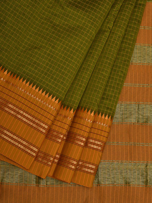 Green and Mustard Bamboo Cotton Silk Saree with Checks Design bc0056