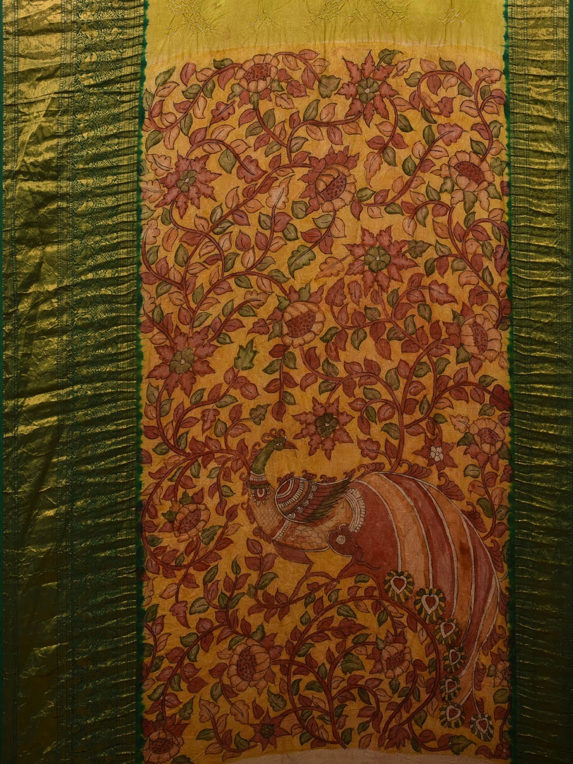 Green and Mustard Bandhani Kanchipuram Silk Handloom Saree with Kalamkari Pallu and Blouse Design bn0444