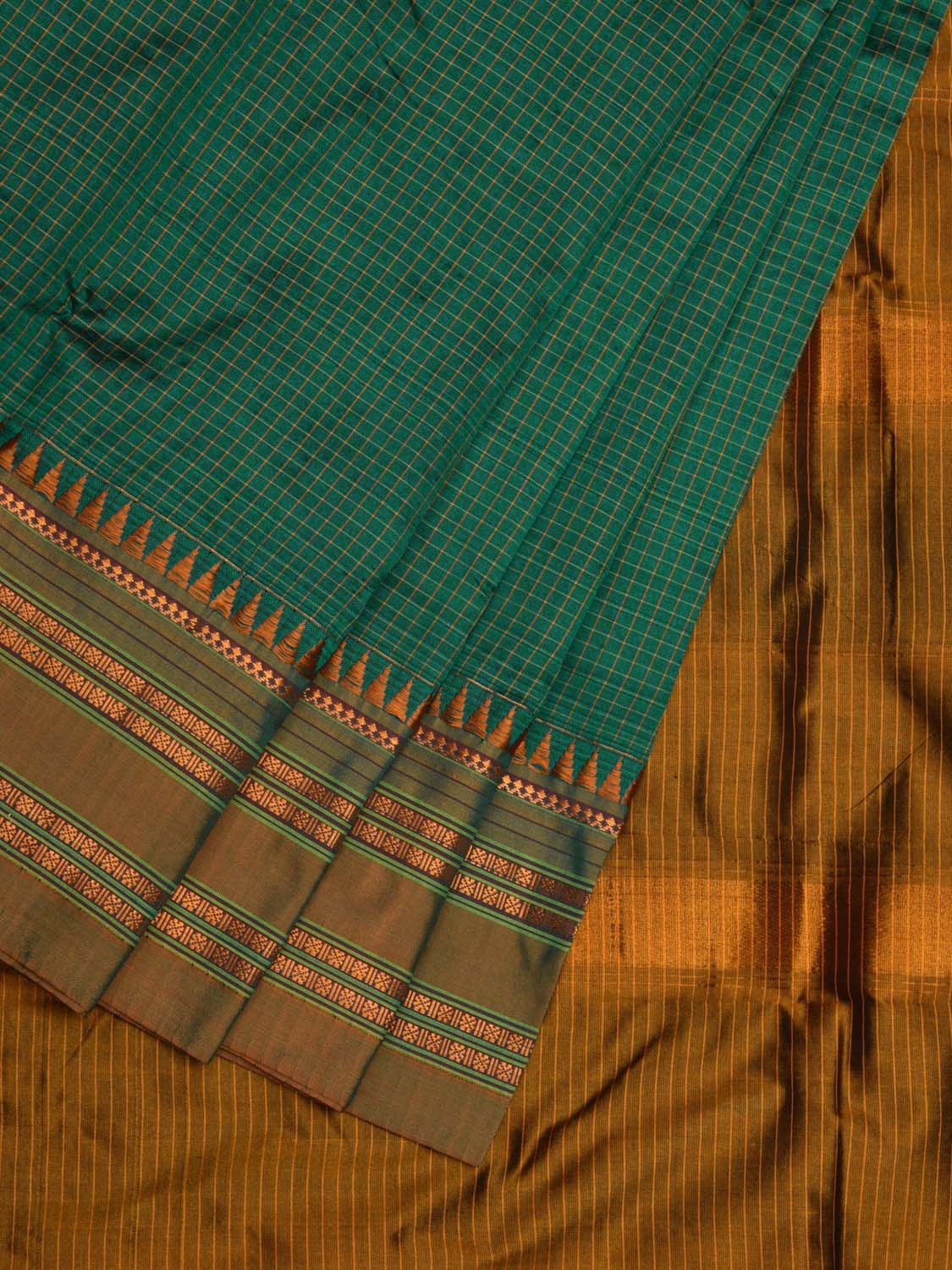 Green and Mustard Narayanpet Silk Handloom Plain Saree with Traditional Border Design No Blouse np0581