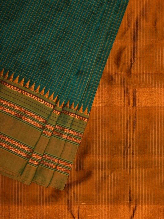 Green and Mustard Narayanpet Silk Handloom Saree with Checks Design No Blouse np0441