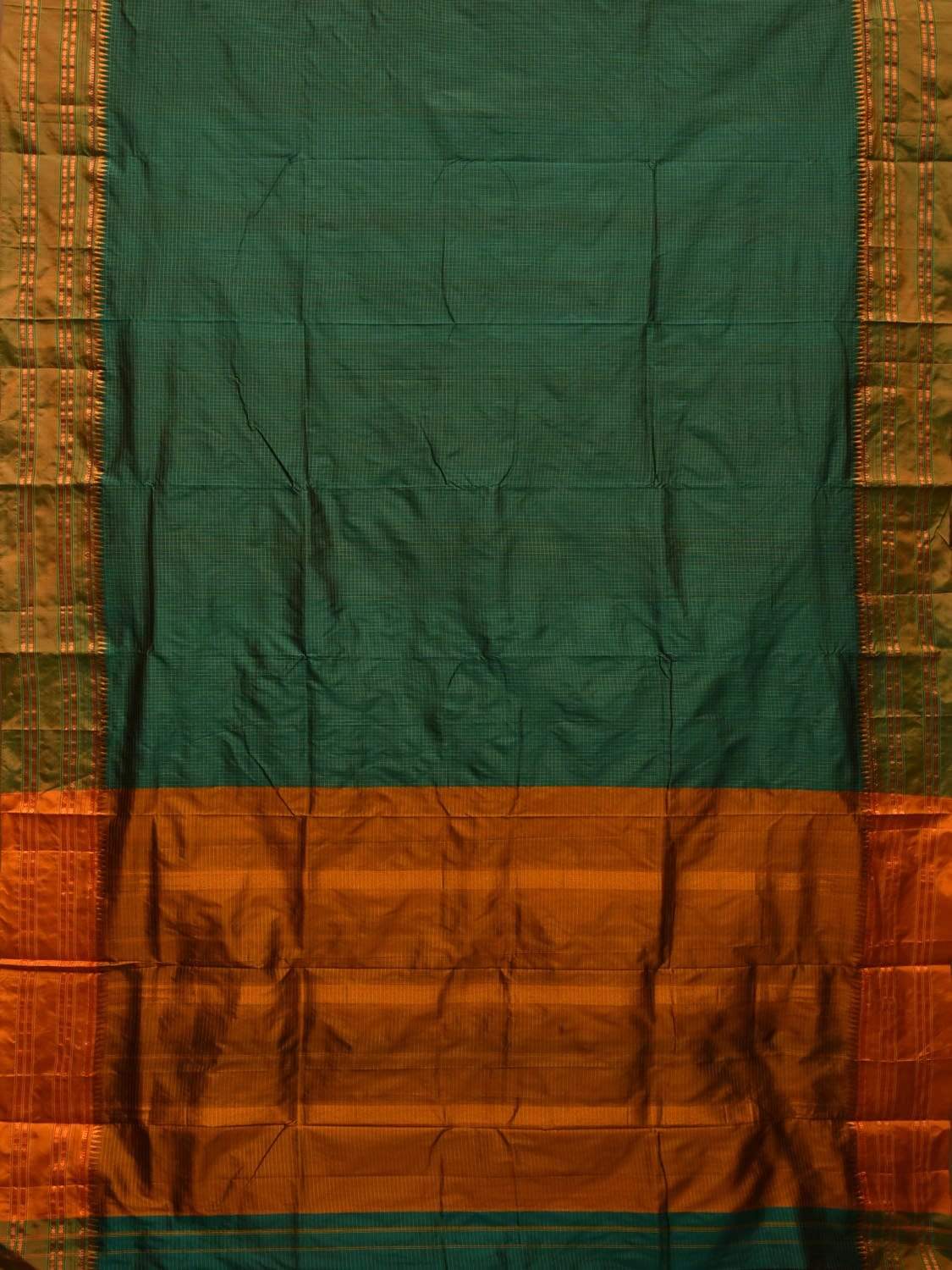 Green and Mustard Narayanpet Silk Handloom Saree with Checks Design No Blouse np0441