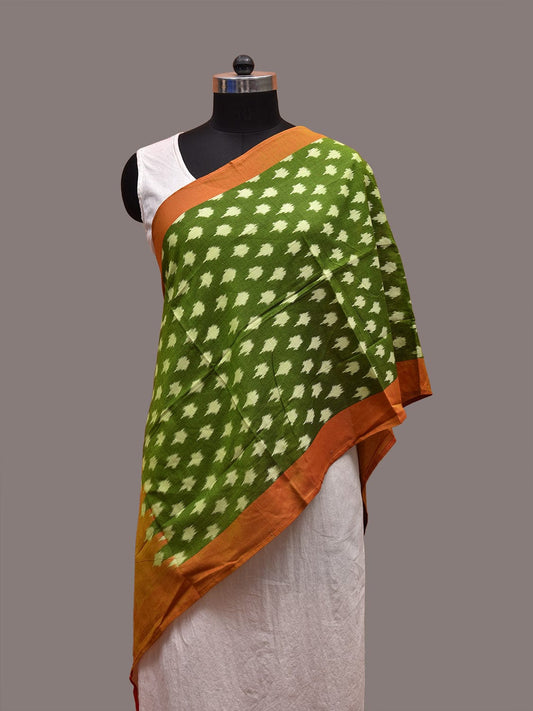 Green and Mustard Pochampally Ikat Cotton Handloom Stole with Buta Design ds3644