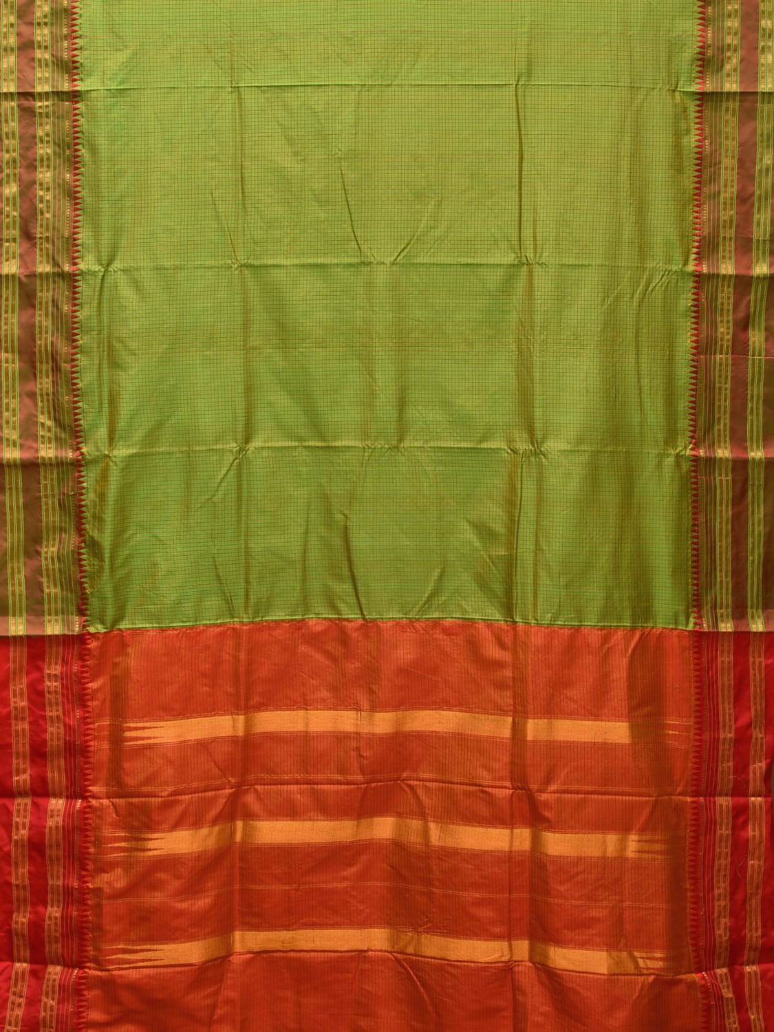 Green and Orange Narayanpet Silk Handloom Saree with Checks Design No Blouse np0677