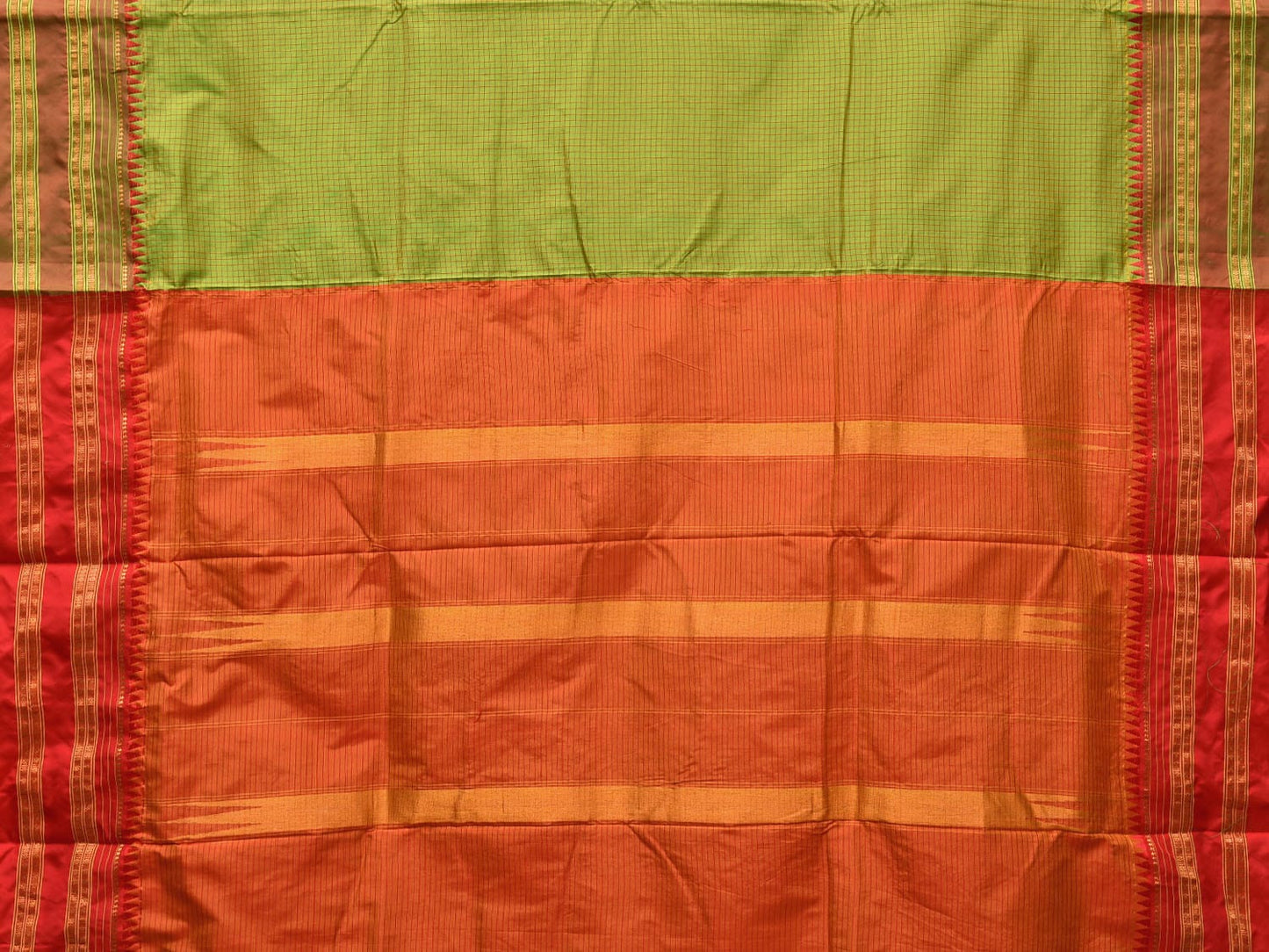 Green and Orange Narayanpet Silk Handloom Saree with Checks Design No Blouse np0677
