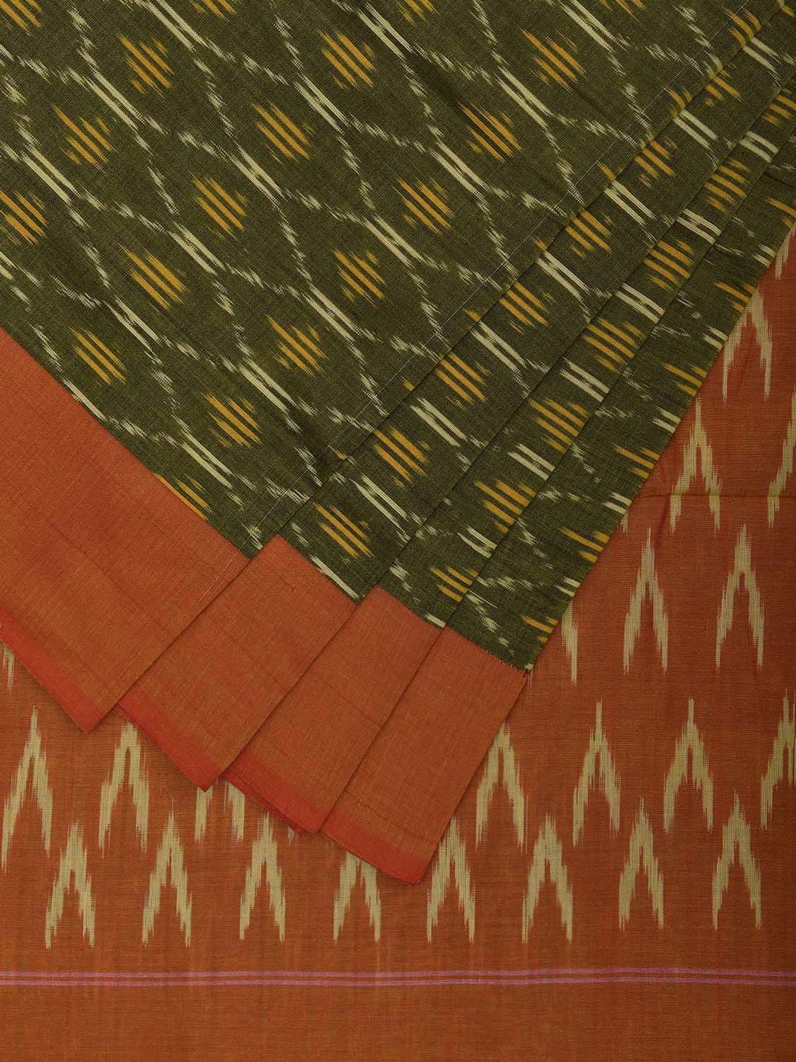 Green and Orange Pochampally Ikat Cotton Handloom Saree with All Over Grill Design No Blouse i0911