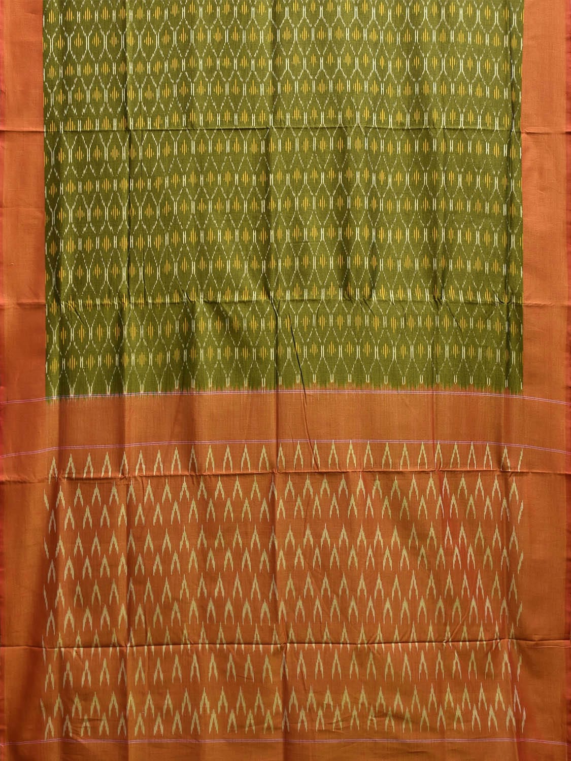 Green and Orange Pochampally Ikat Cotton Handloom Saree with All Over Grill Design No Blouse i0911
