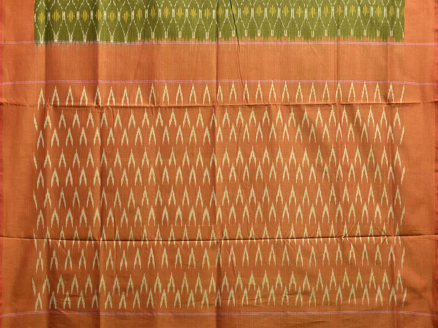 Green and Orange Pochampally Ikat Cotton Handloom Saree with All Over Grill Design No Blouse i0911
