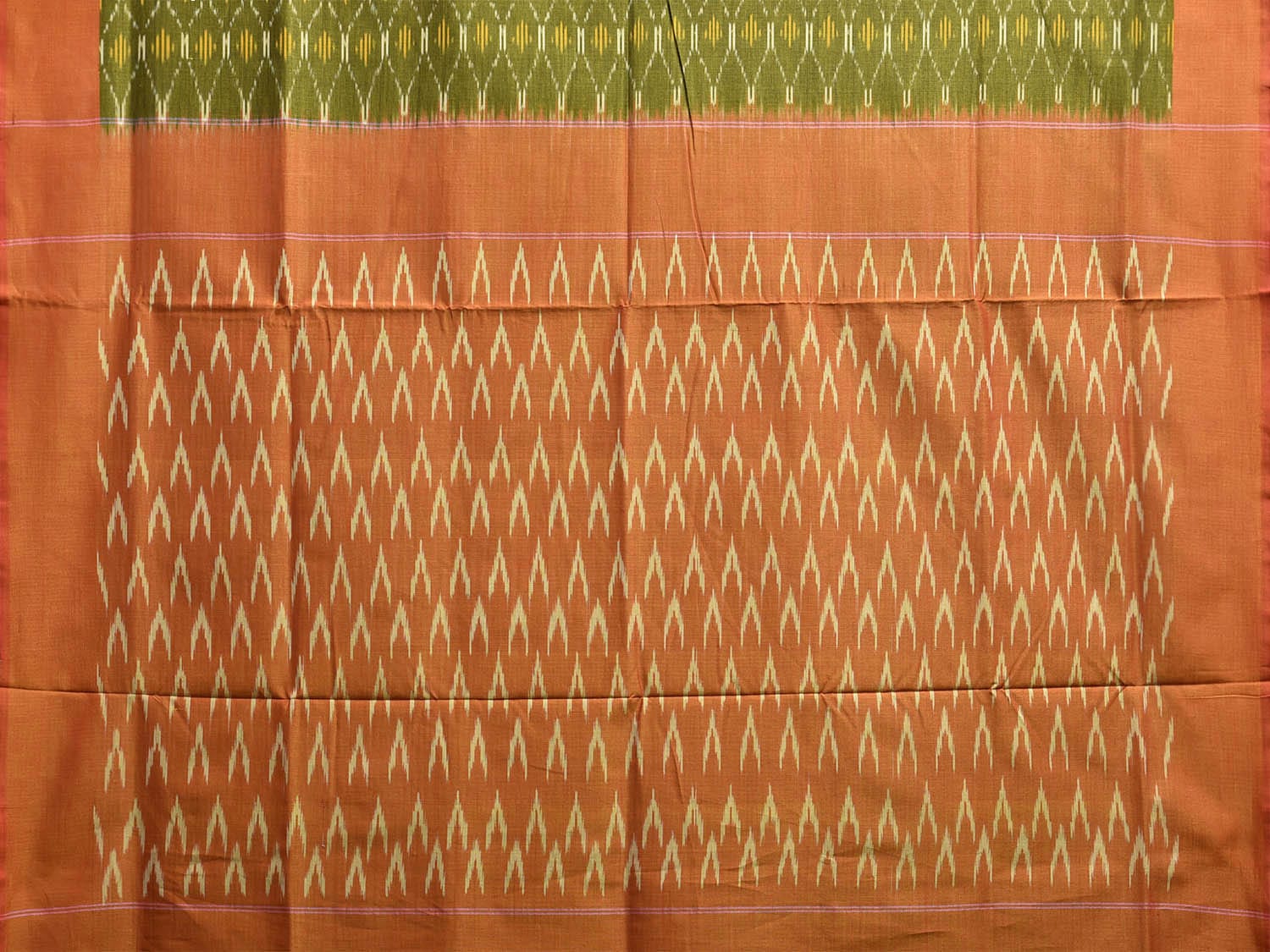 Green and Orange Pochampally Ikat Cotton Handloom Saree with All Over Grill Design No Blouse i0911