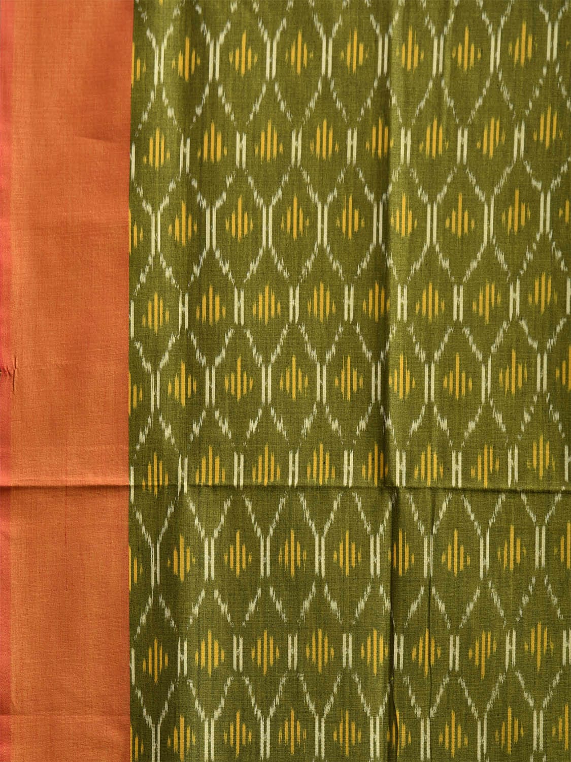 Green and Orange Pochampally Ikat Cotton Handloom Saree with All Over Grill Design No Blouse i0911
