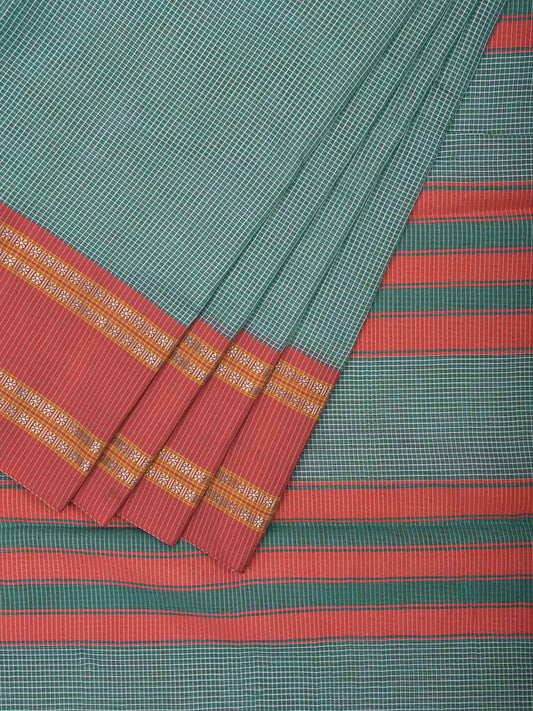 Green and Peach Bamboo Cotton Saree with Big Checks and Strips Pallu Design No Blouse bc0591