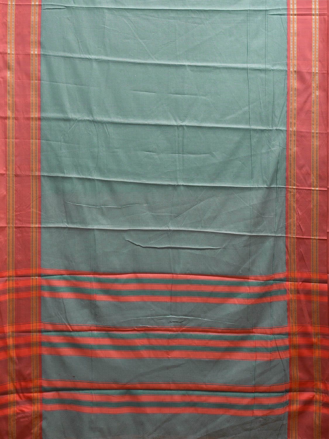 Green and Peach Bamboo Cotton Saree with Big Checks and Strips Pallu Design No Blouse bc0591