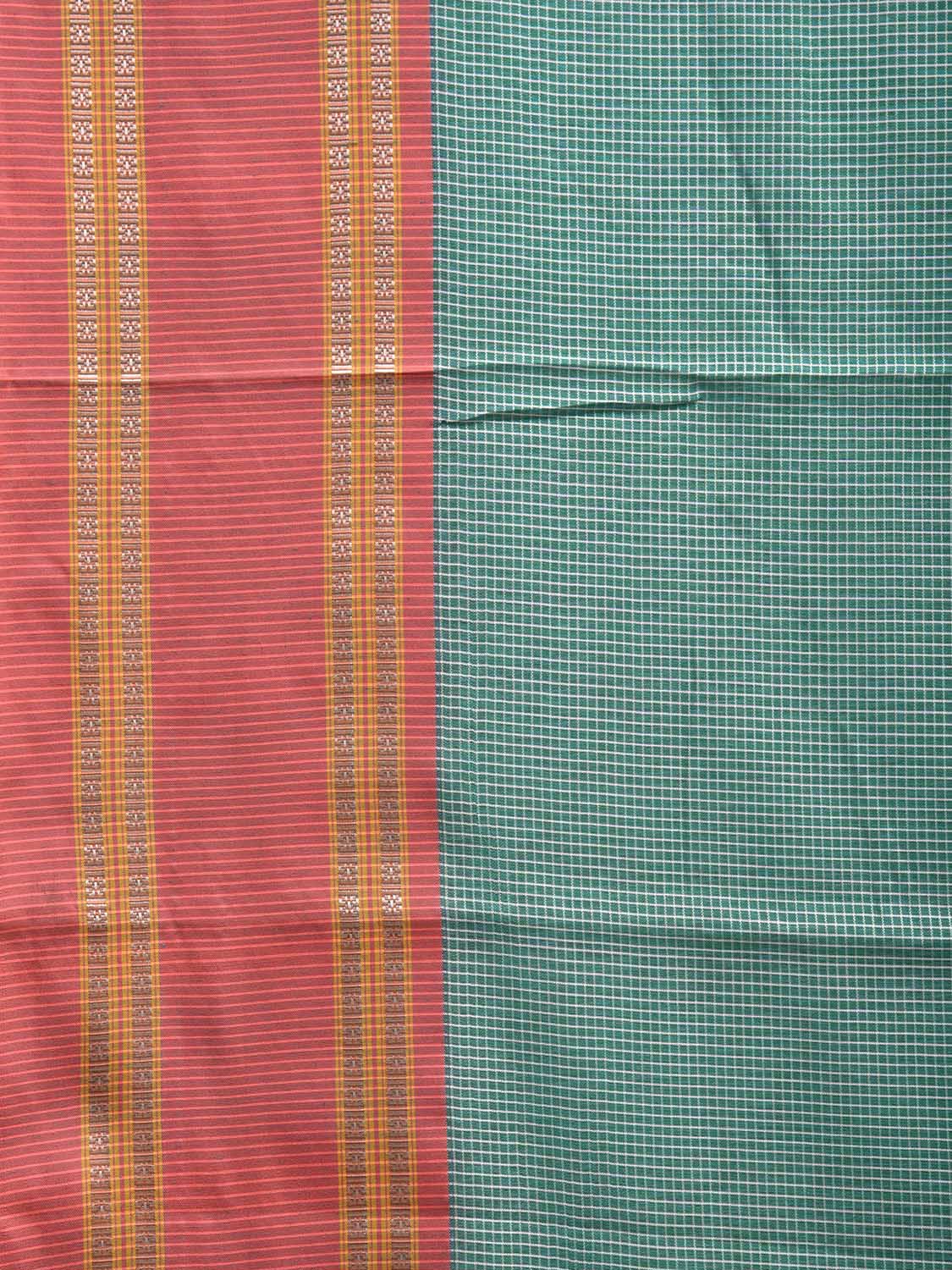 Green and Peach Bamboo Cotton Saree with Big Checks and Strips Pallu Design No Blouse bc0591