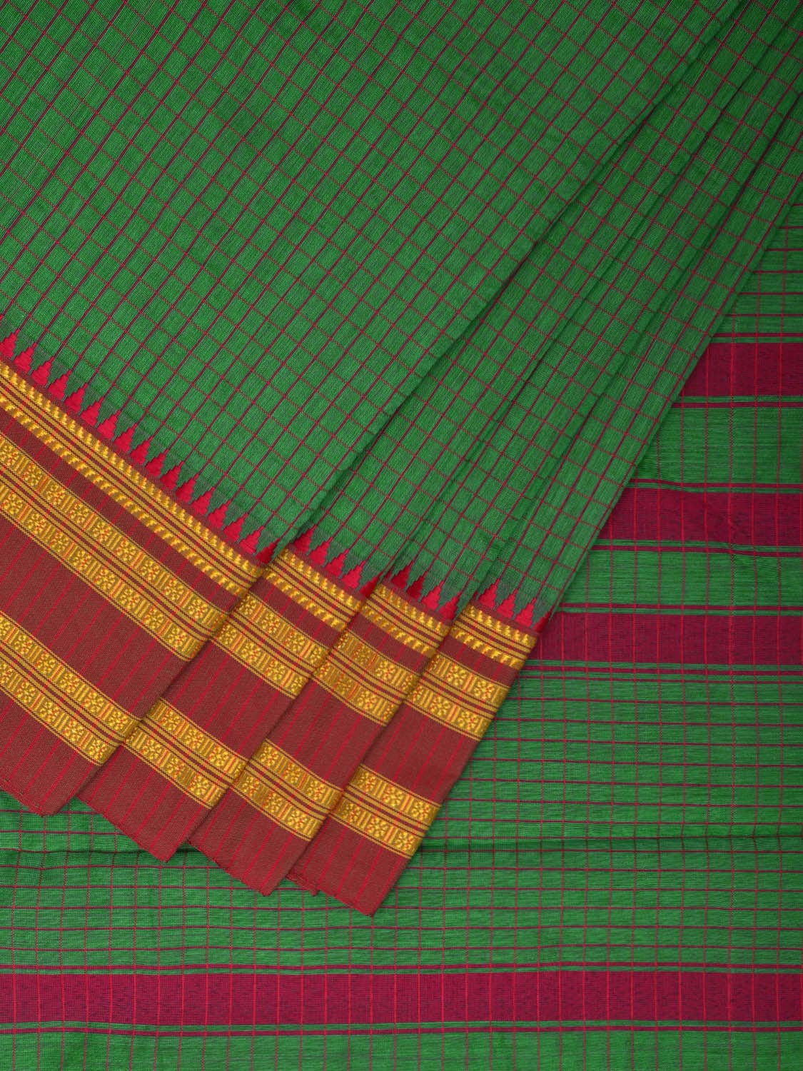 Green and Pink Bamboo Cotton Saree with Checks Design No Blouse bc0376