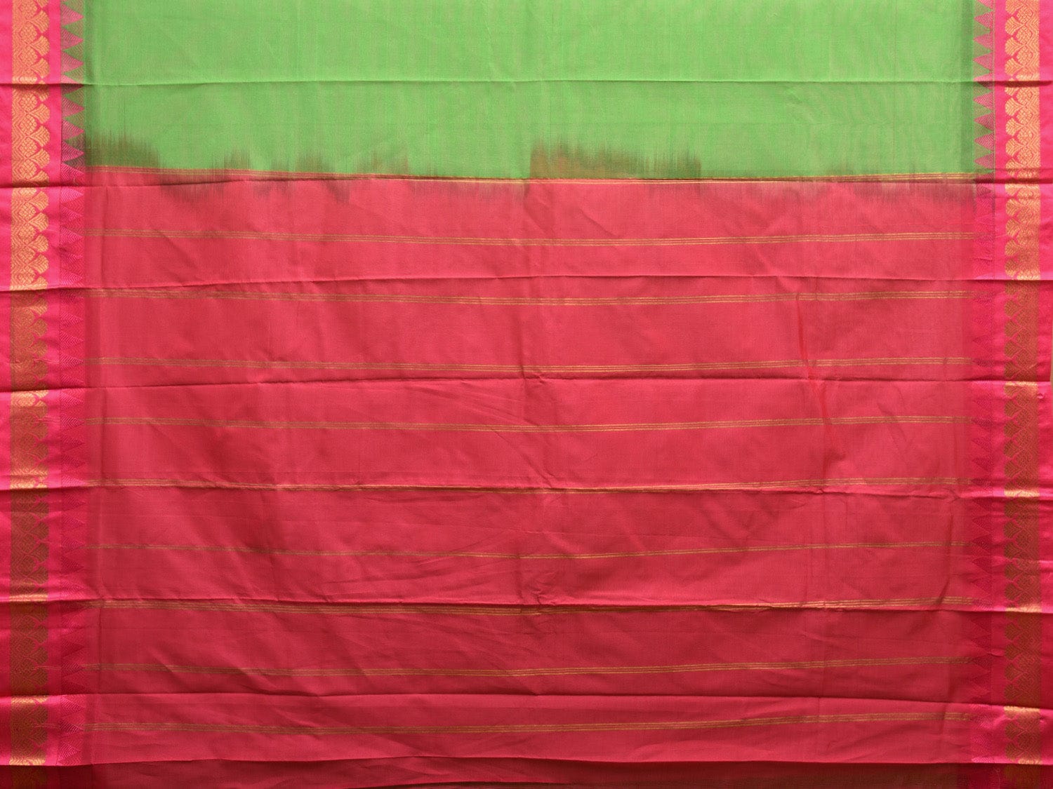 Green and Pink Gadwal Cotton Plain Saree with Strips Pallu and Border Design No Blouse g0397