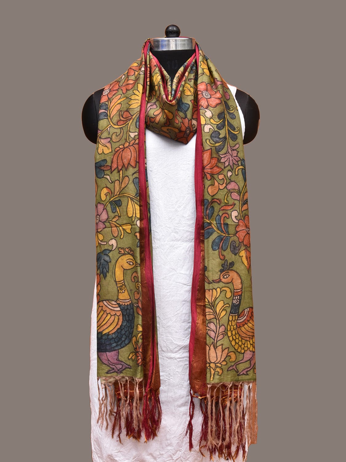 Green and Pink Kalamkari Hand Painted Kanchipuram Silk Handloom Dupatta with Floral and Peacocks Design ds3333