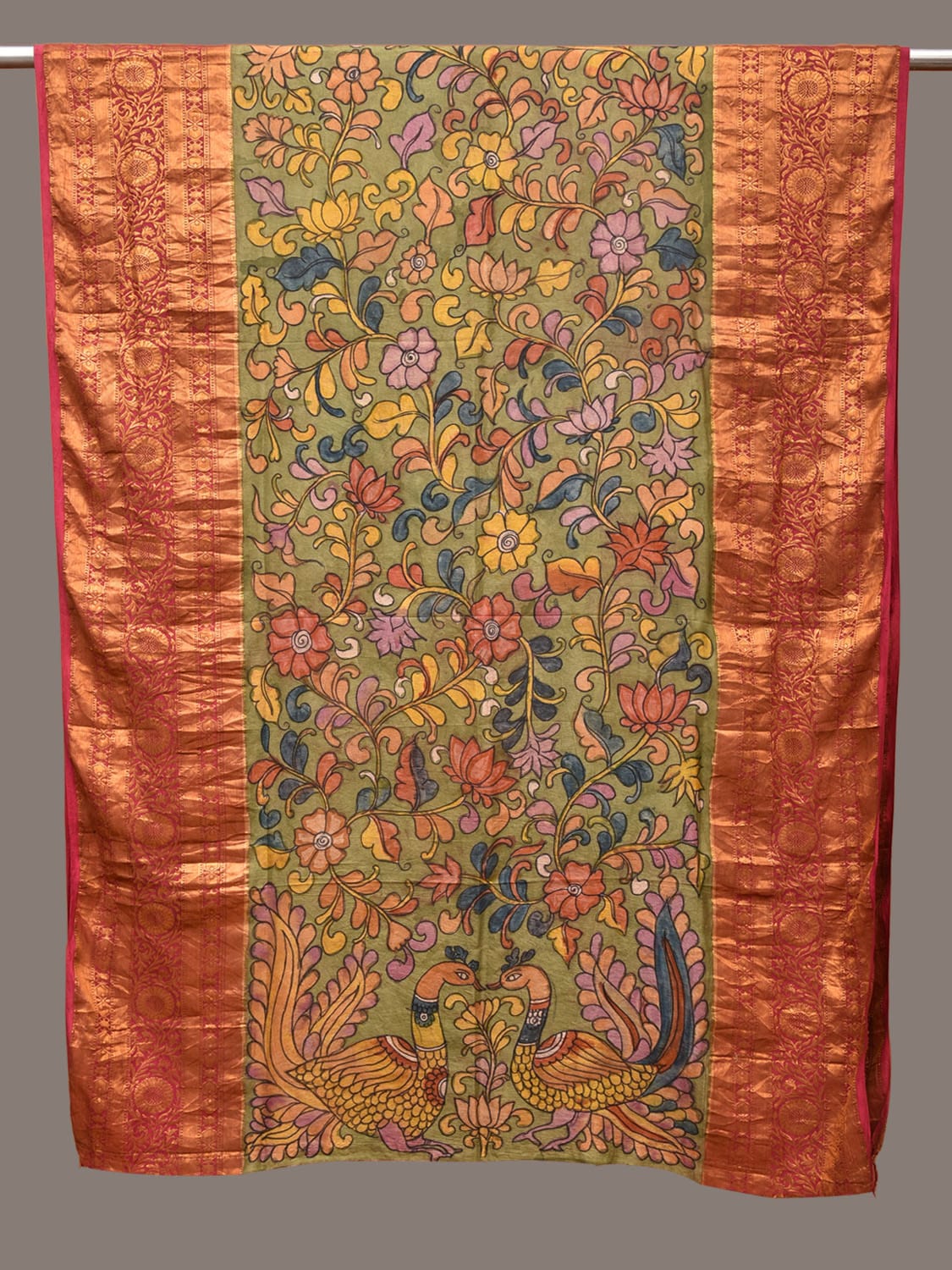 Green and Pink Kalamkari Hand Painted Kanchipuram Silk Handloom Dupatta with Floral and Peacocks Design ds3333