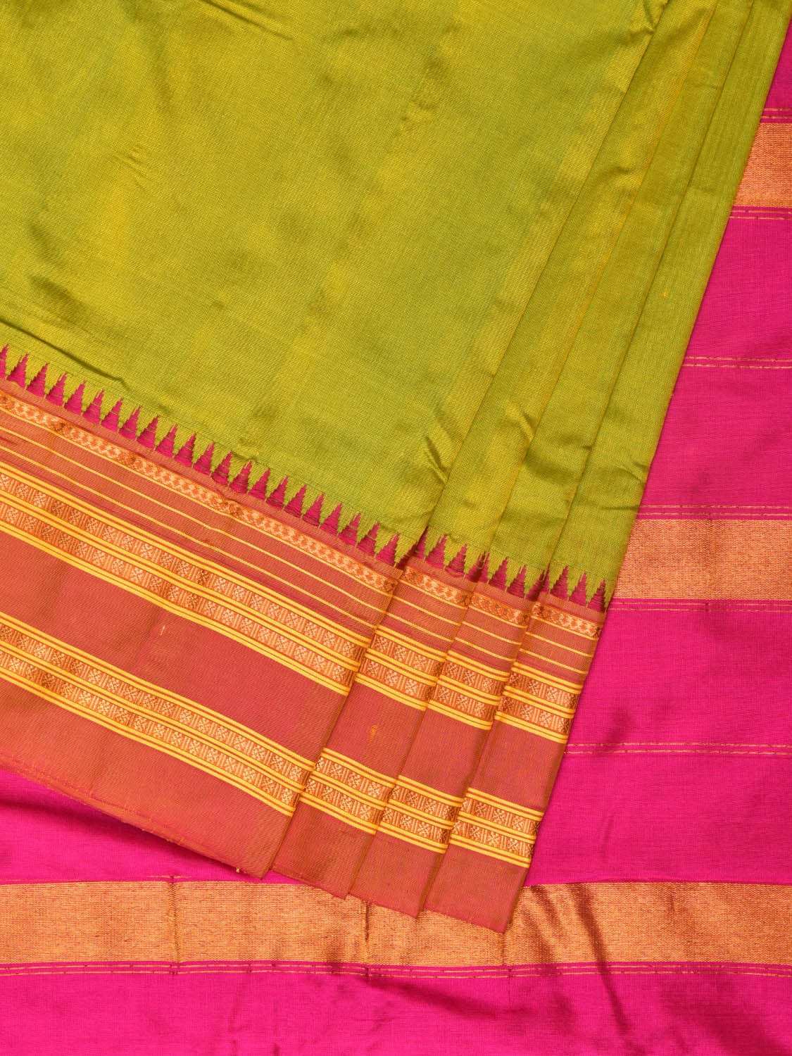 Green and Pink Narayanpet Silk Handloom Plain Saree with Border Design No Blouse np0752