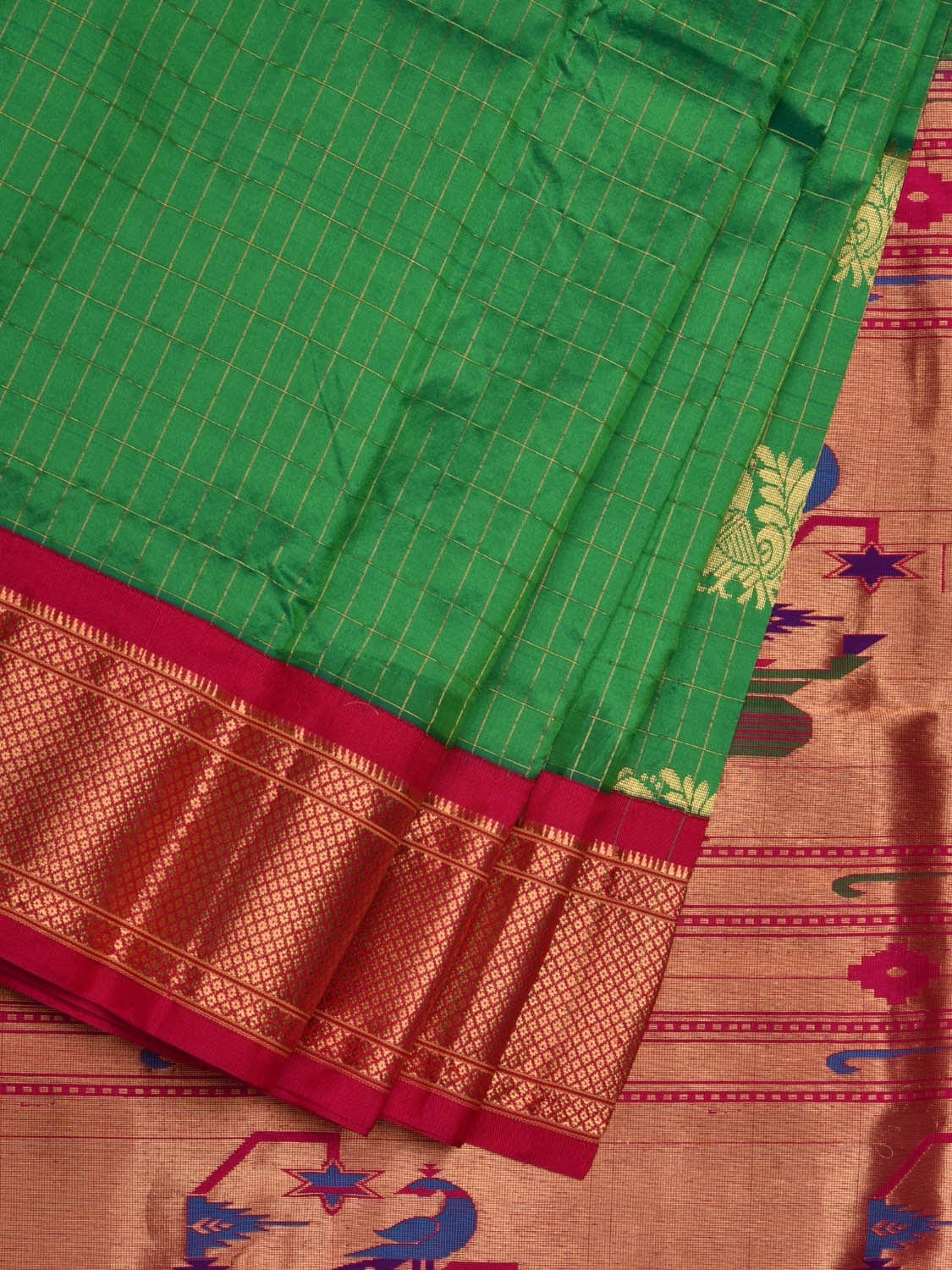 Green and Pink Paithani Silk Handloom Saree with Checks and Body Design p0421