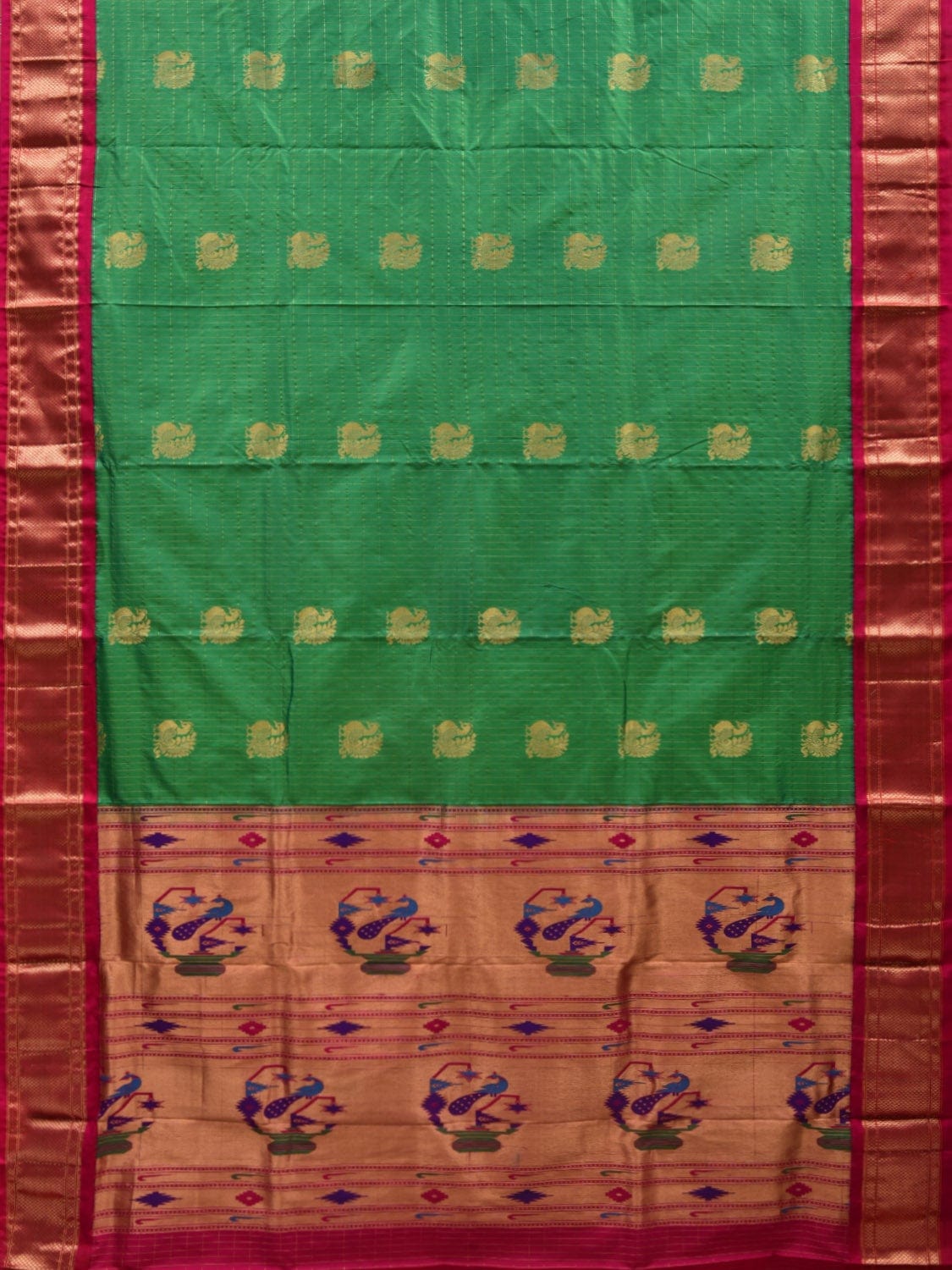 Green and Pink Paithani Silk Handloom Saree with Checks and Body Design p0421