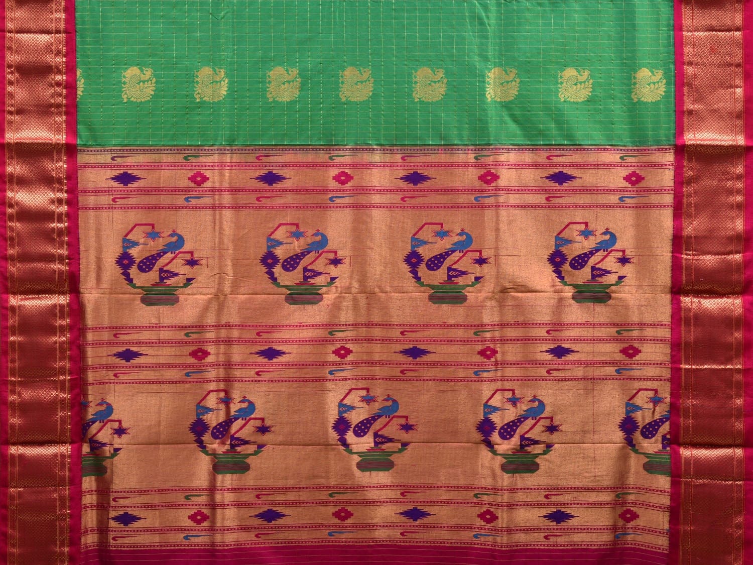 Green and Pink Paithani Silk Handloom Saree with Checks and Body Design p0421