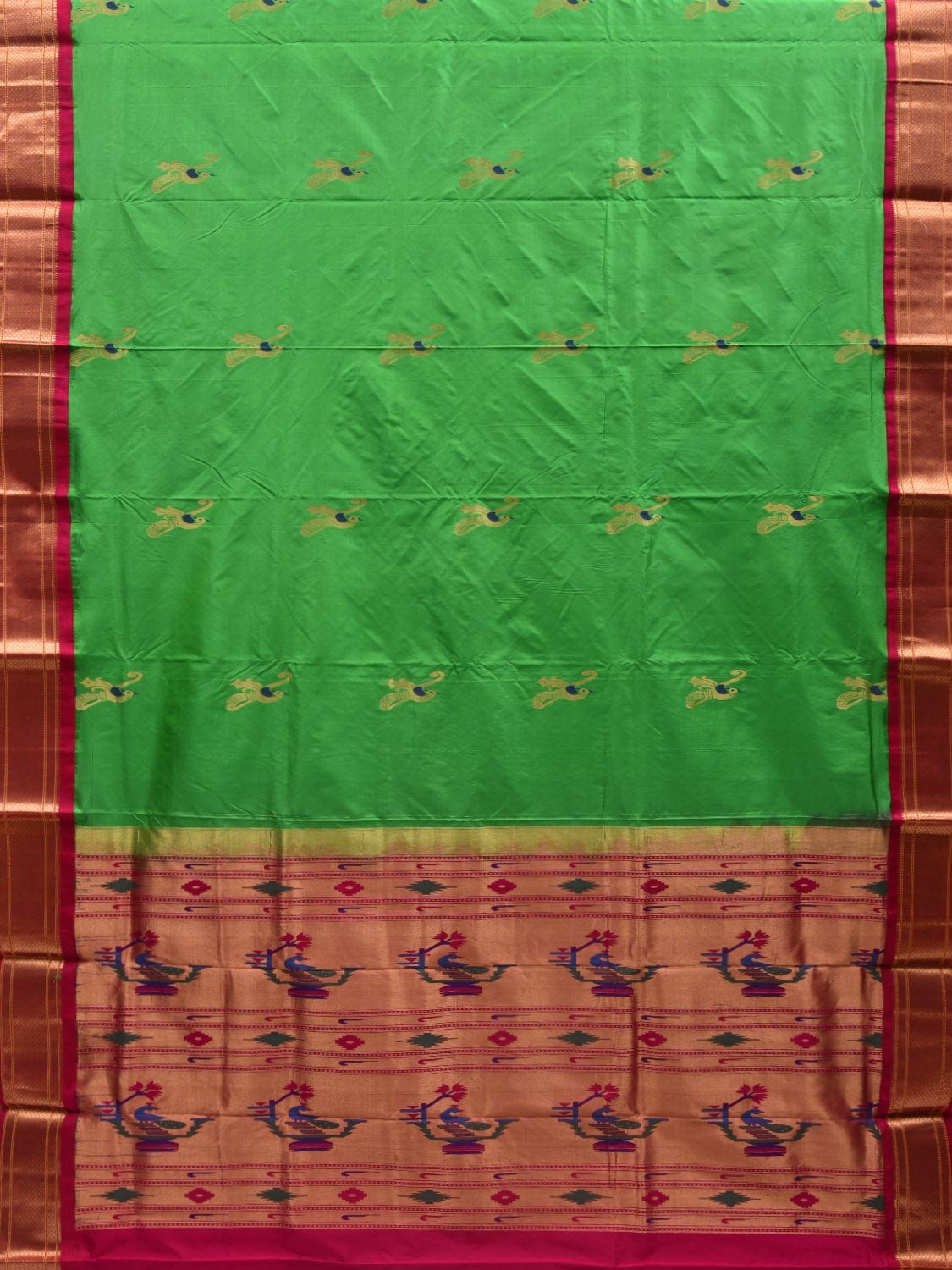 Green and Pink Paithani Silk Handloom Saree with Pallu and Body Buta Design p0419