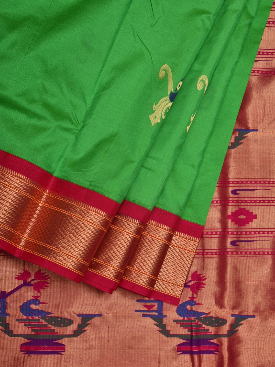Green and Pink Paithani Silk Handloom Saree with Pallu and Body Buta Design p0419