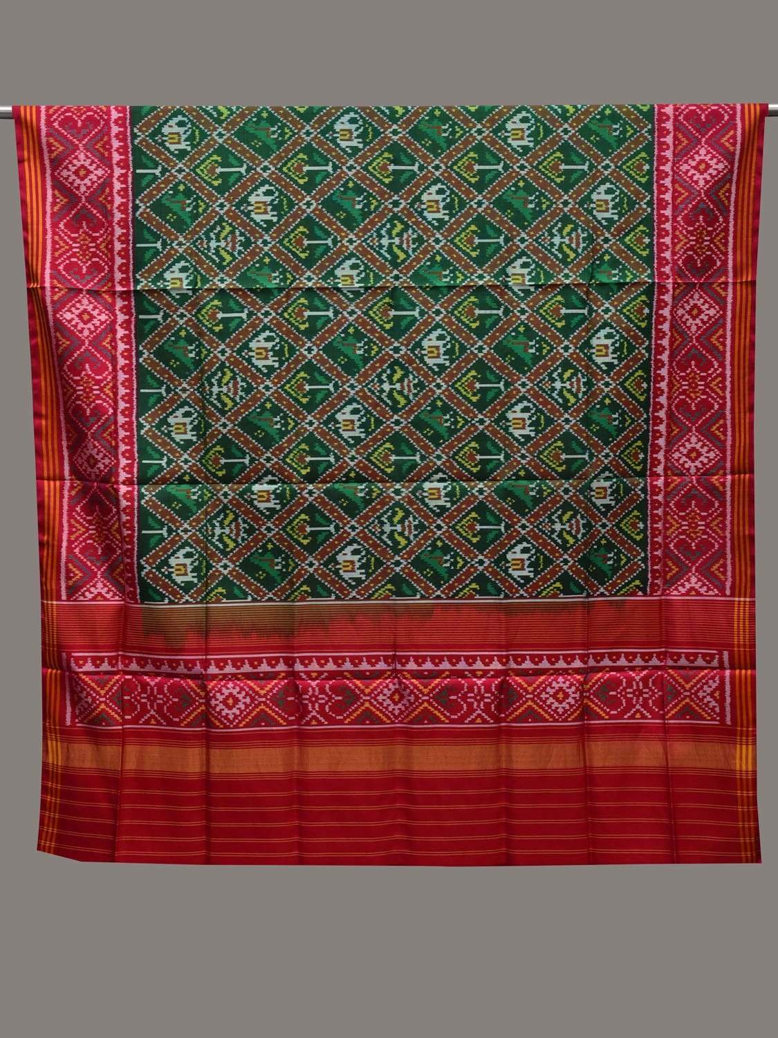 Green and Pink Pochampally Ikat Silk Handloom Dupatta with Elephant and Parrot Design ds2554