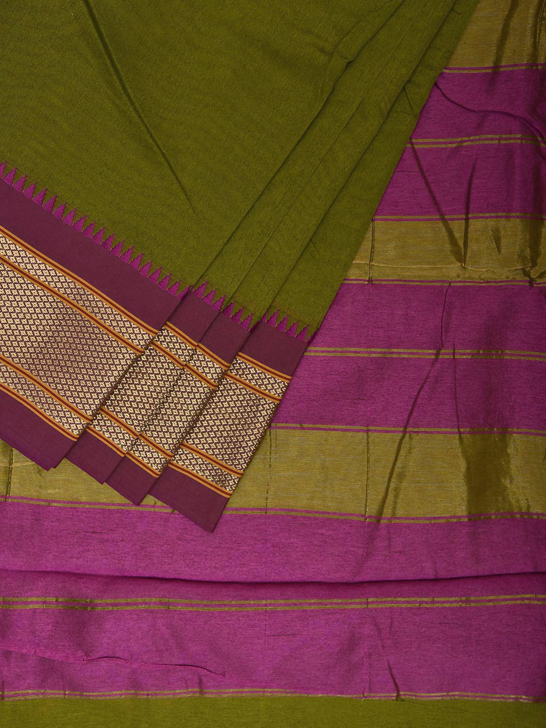 Green and Purple Bamboo Cotton Plain Saree with Contrast Pallu Design No Blouse bc0684