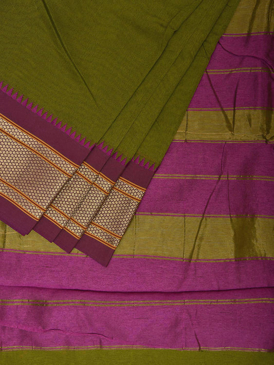 Green and Purple Bamboo Cotton Plain Saree with Contrast Pallu Design No Blouse bc0684