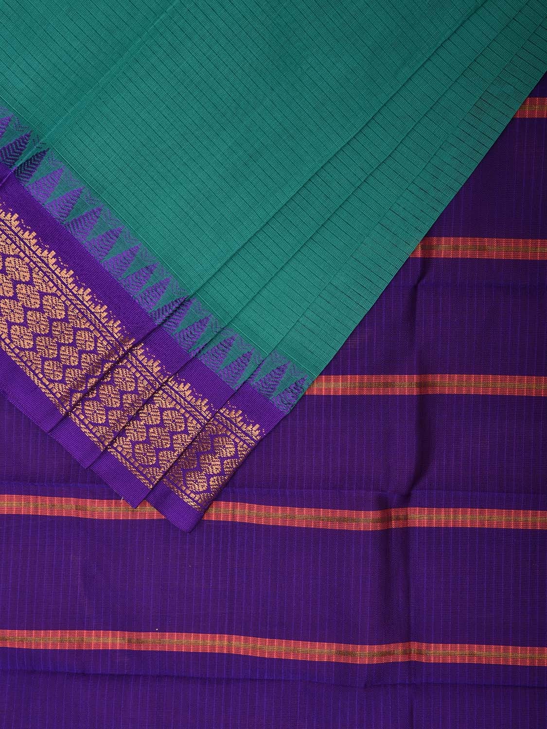 Green and Purple Gadwal Cotton Stripes Saree with Pallu and Border Design No Blouse g0421