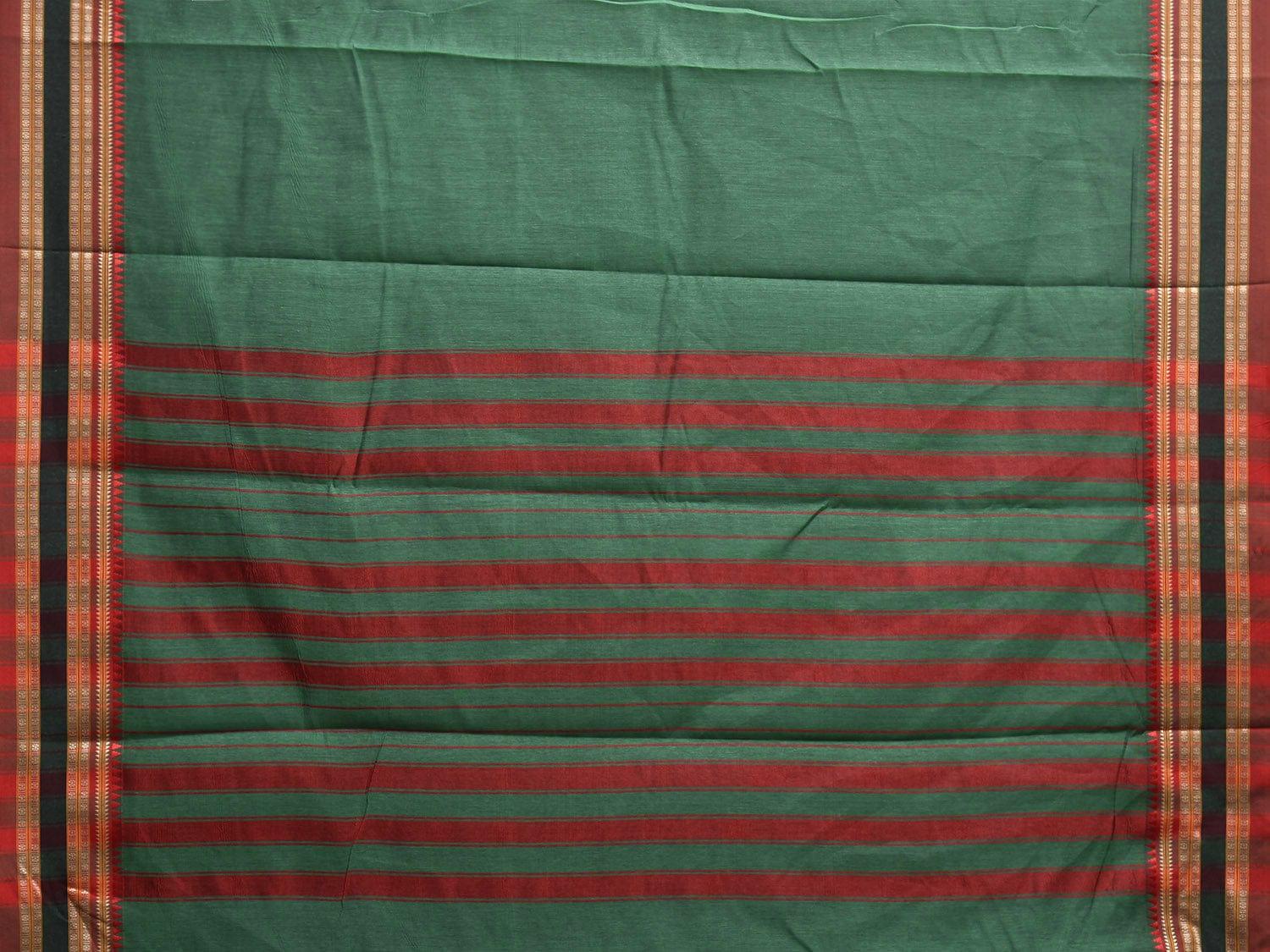 Green and Red Bamboo Cotton Plain Saree with Strips Pallu Design No Blouse bc0826