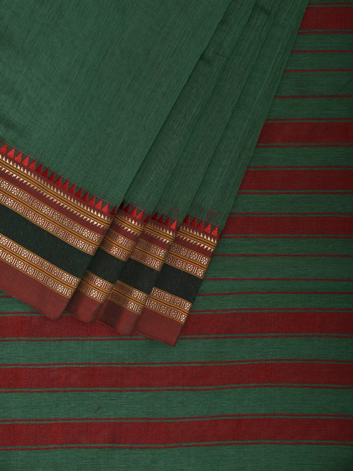 Green and Red Bamboo Cotton Plain Saree with Strips Pallu Design No Blouse bc0826