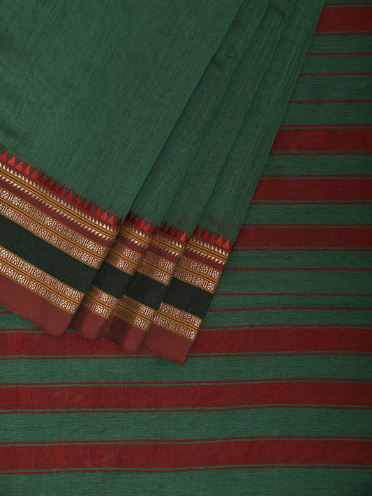 Green and Red Bamboo Cotton Plain Saree with Strips Pallu Design No Blouse bc0826