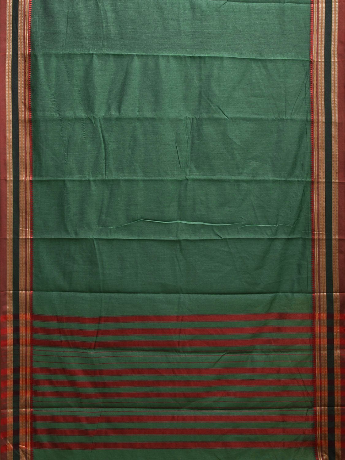 Green and Red Bamboo Cotton Plain Saree with Strips Pallu Design No Blouse bc0826