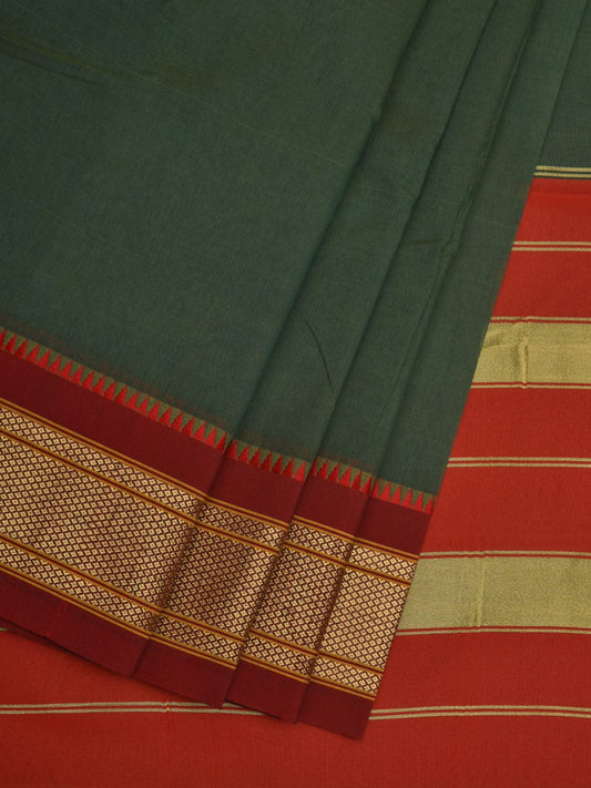 Green and Red Bamboo Cotton Plain Saree with Zari Border Design bc0046
