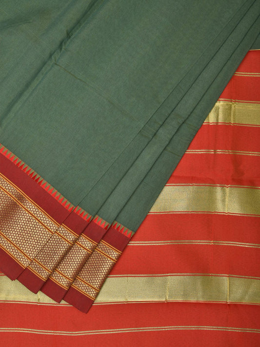 Green and Red Bamboo Cotton Plain Saree with Zari Border Design bc0108