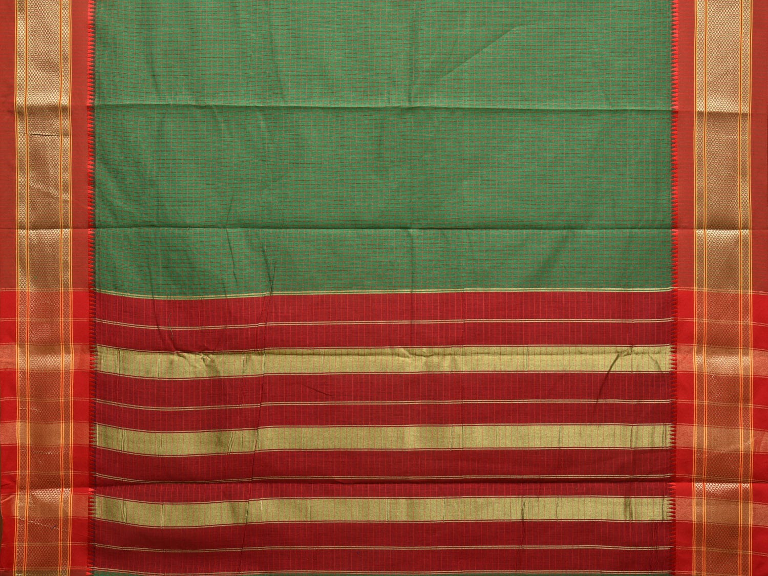 Green and Red Bamboo Cotton Saree with Checks Design No Blouse bc0294