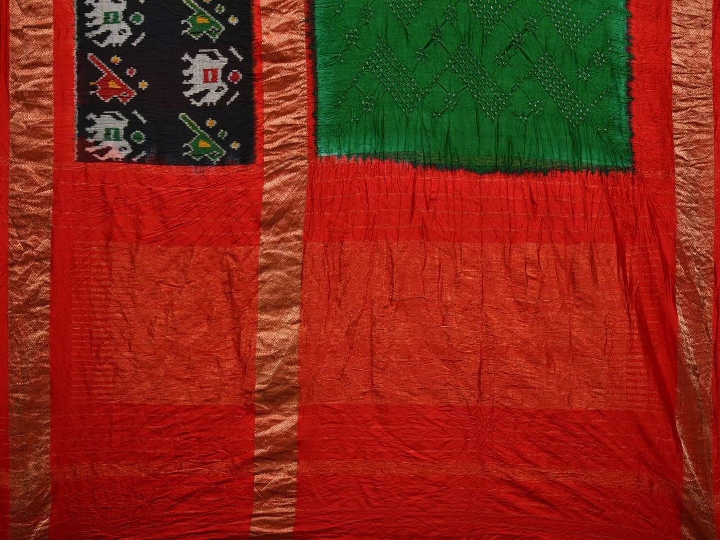 Green and Red Bandhani Ikat Silk Handloom Saree with Big Border Design bn0242