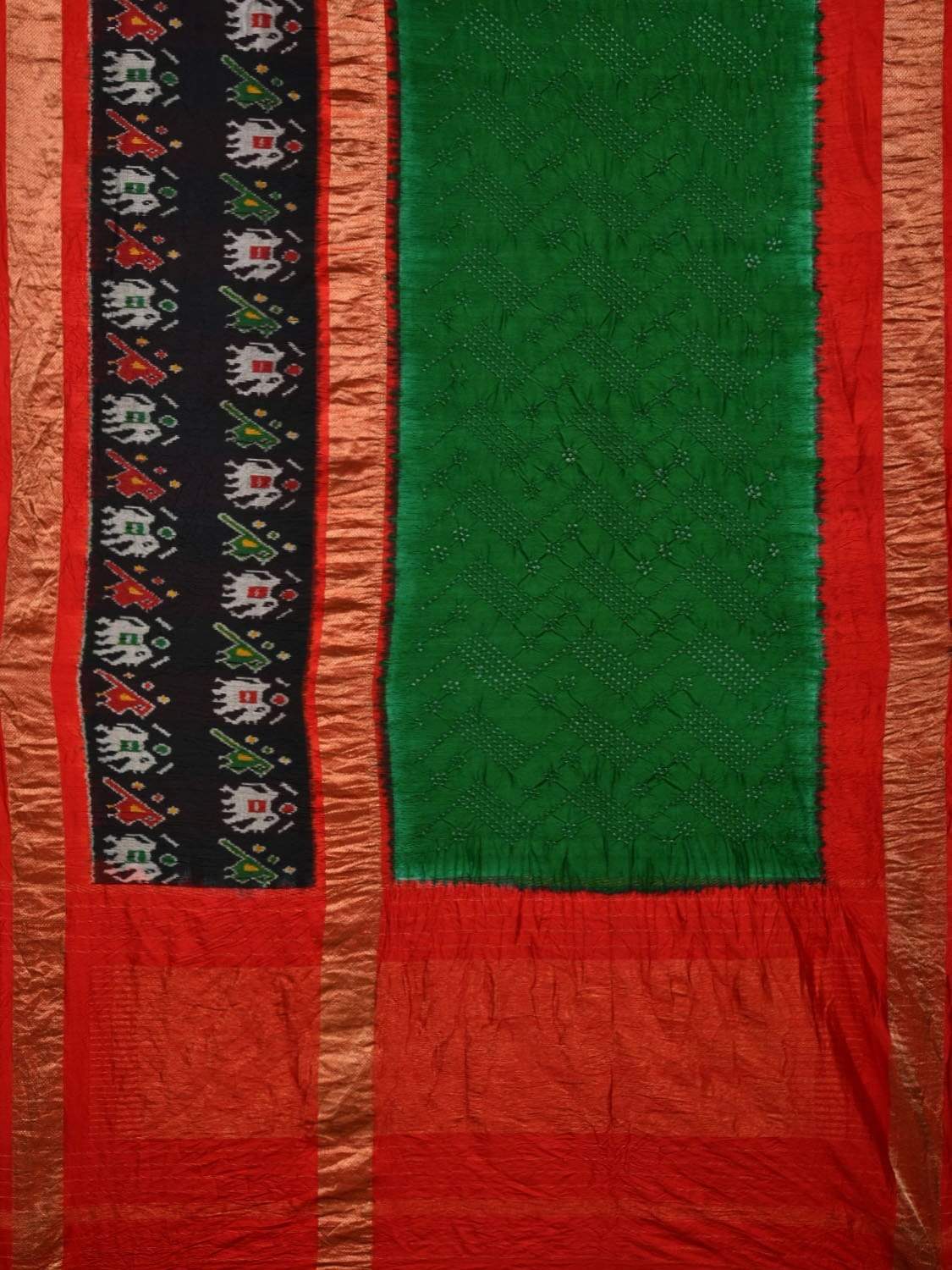 Green and Red Bandhani Ikat Silk Handloom Saree with Big Border Design bn0242