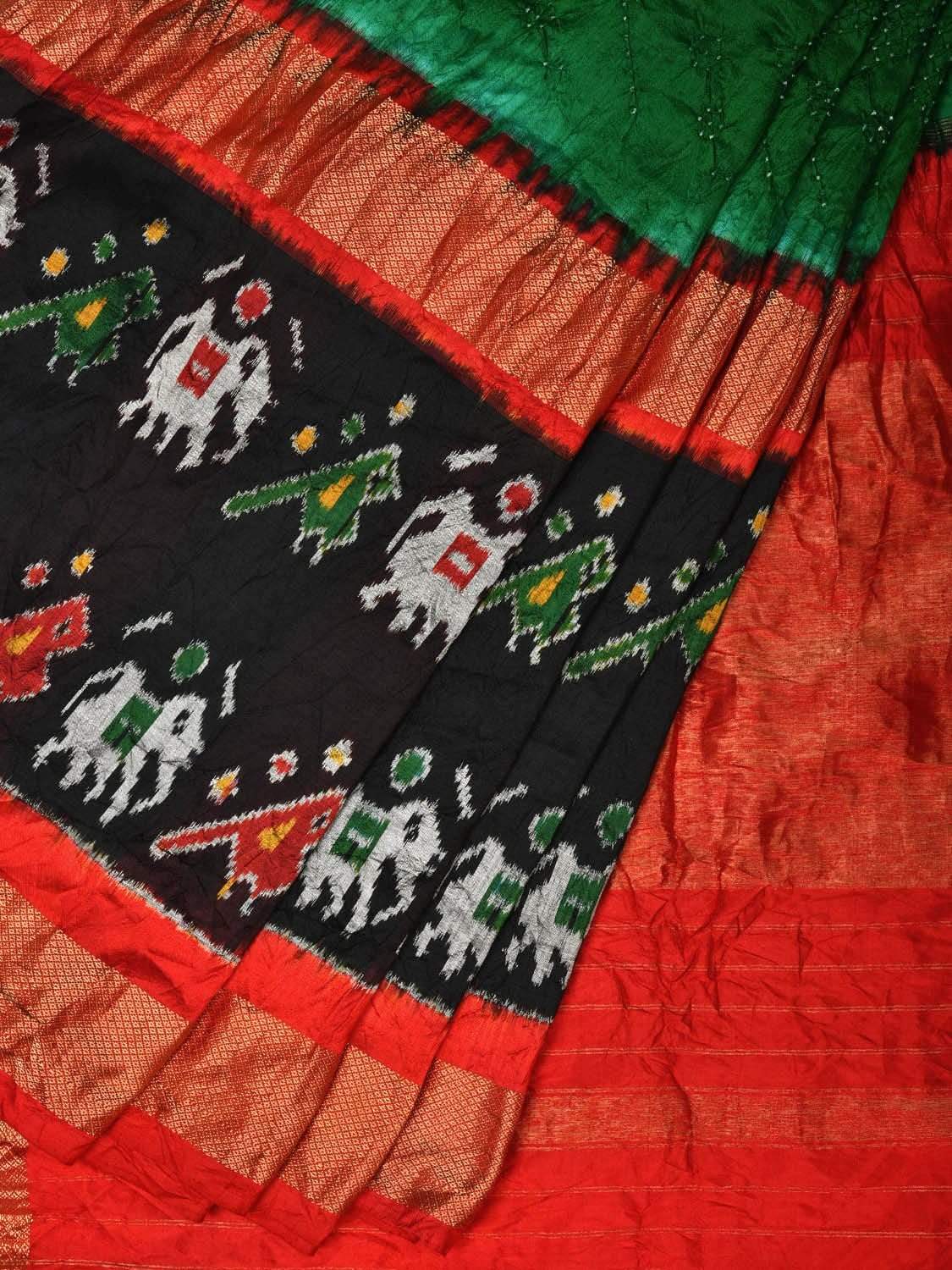 Green and Red Bandhani Ikat Silk Handloom Saree with Big Border Design bn0242