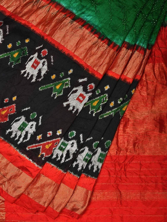 Green and Red Bandhani Ikat Silk Handloom Saree with Big Border Design bn0242