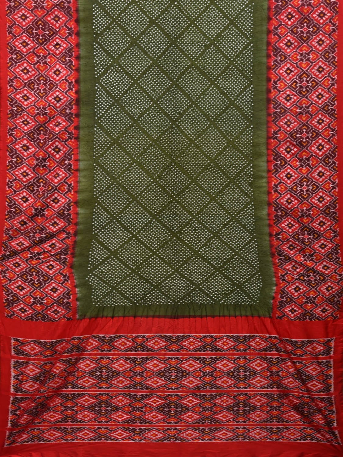 Green and Red Bandhani Ikat Silk Handloom Saree with Border and Pallu Design bn0361
