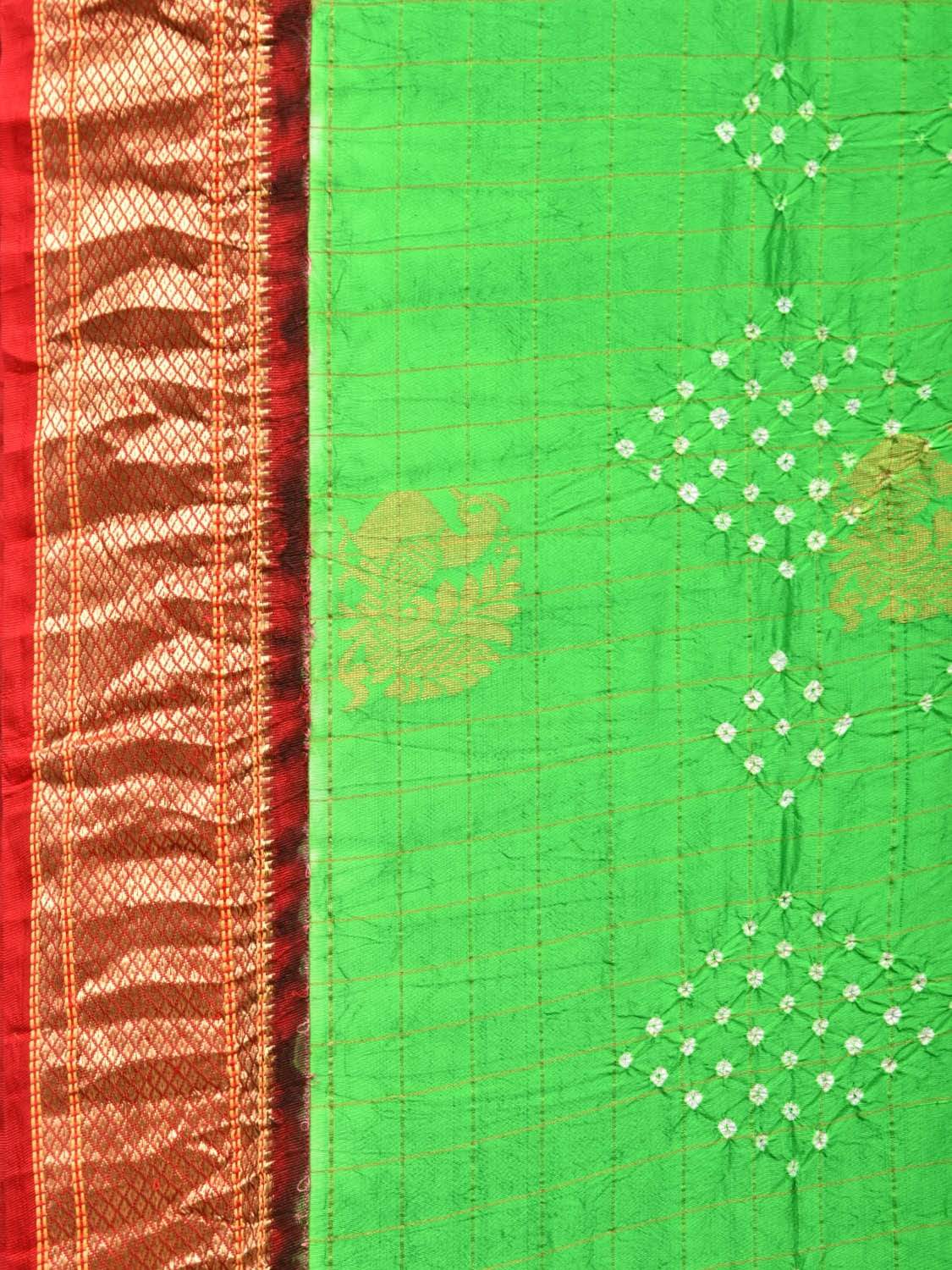 Green and Red Bandhani Paithani Silk Handloom Saree with Buta and Checks Design bn0188
