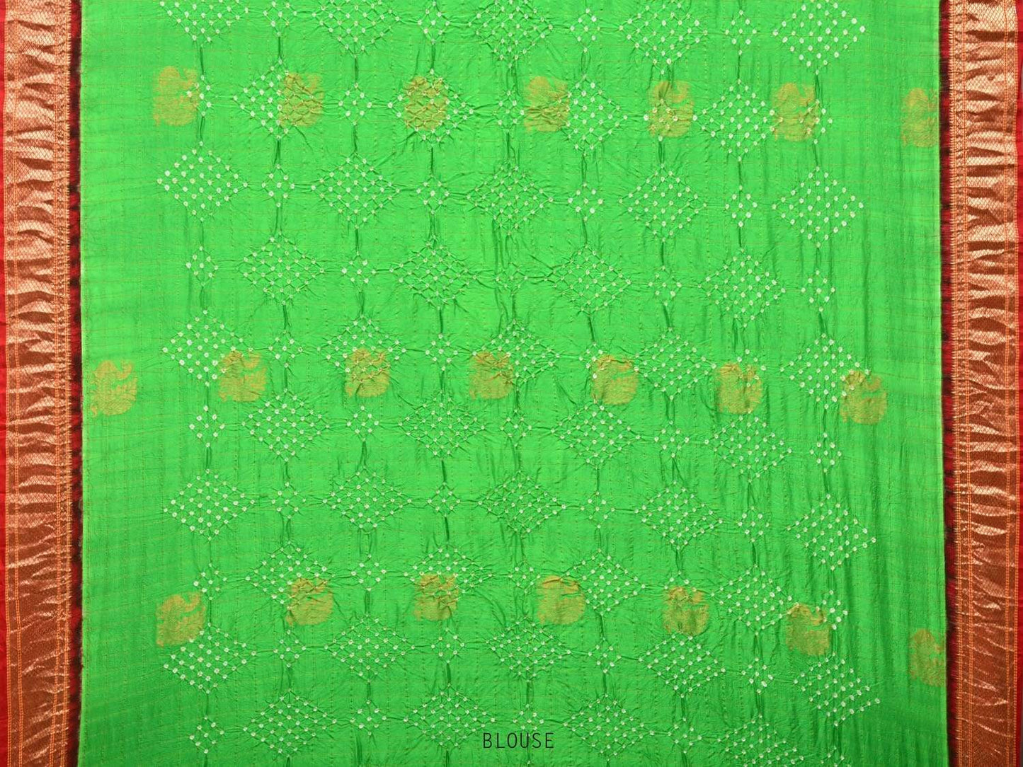 Green and Red Bandhani Paithani Silk Handloom Saree with Buta and Checks Design bn0188