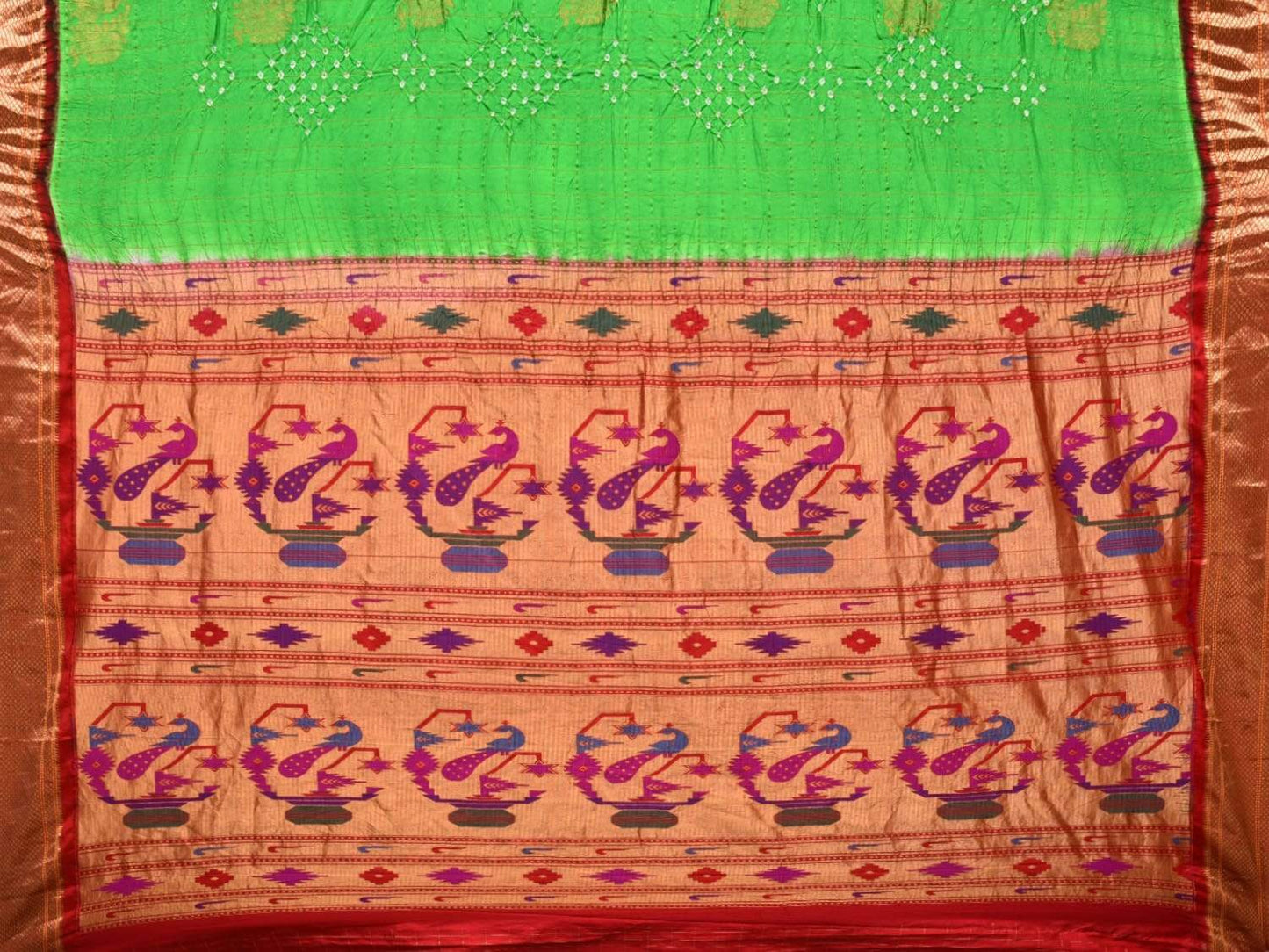 Green and Red Bandhani Paithani Silk Handloom Saree with Buta and Checks Design bn0188